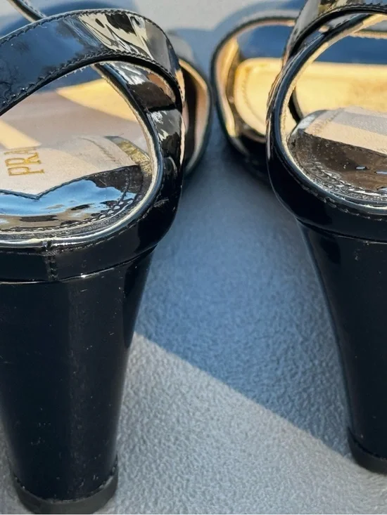 Prada Black Patent Open-Toe Ankle Strap Wedge Sandals Size 39.5 - Picture 9 of 13